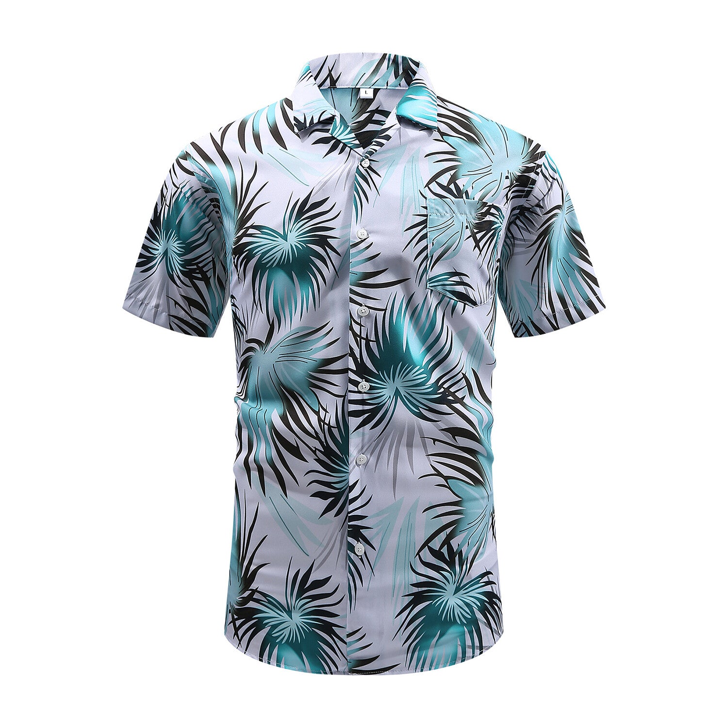 Palm Print White Short-Sleeve Button-Up Shirt