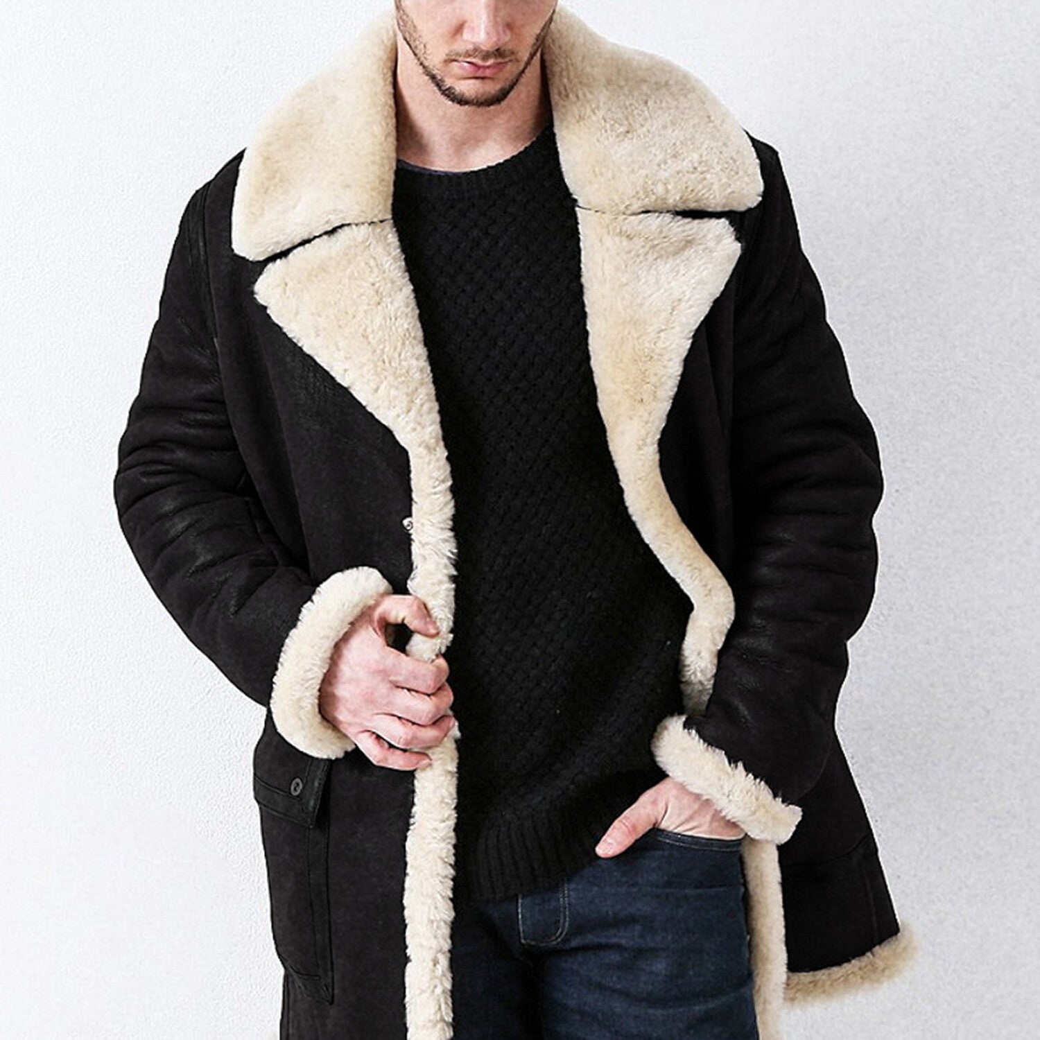 Thick Plush w/ Faux Fur Lapel Jacket