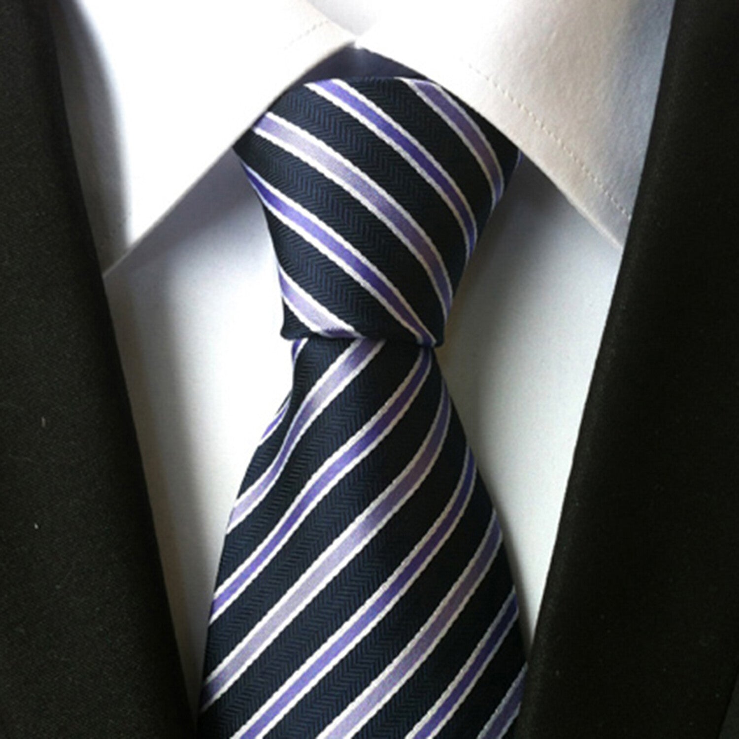Formal Men's Necktie // Navy, Silver & Purple Stripe