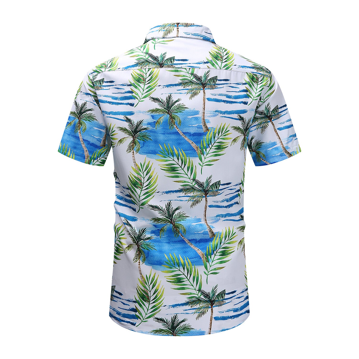 Palm Print White-Blue Short-Sleeve Button-Up Shirt