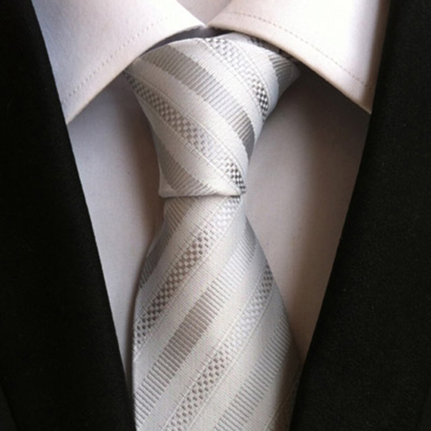 Formal Men's Necktie // Silver & White Striped