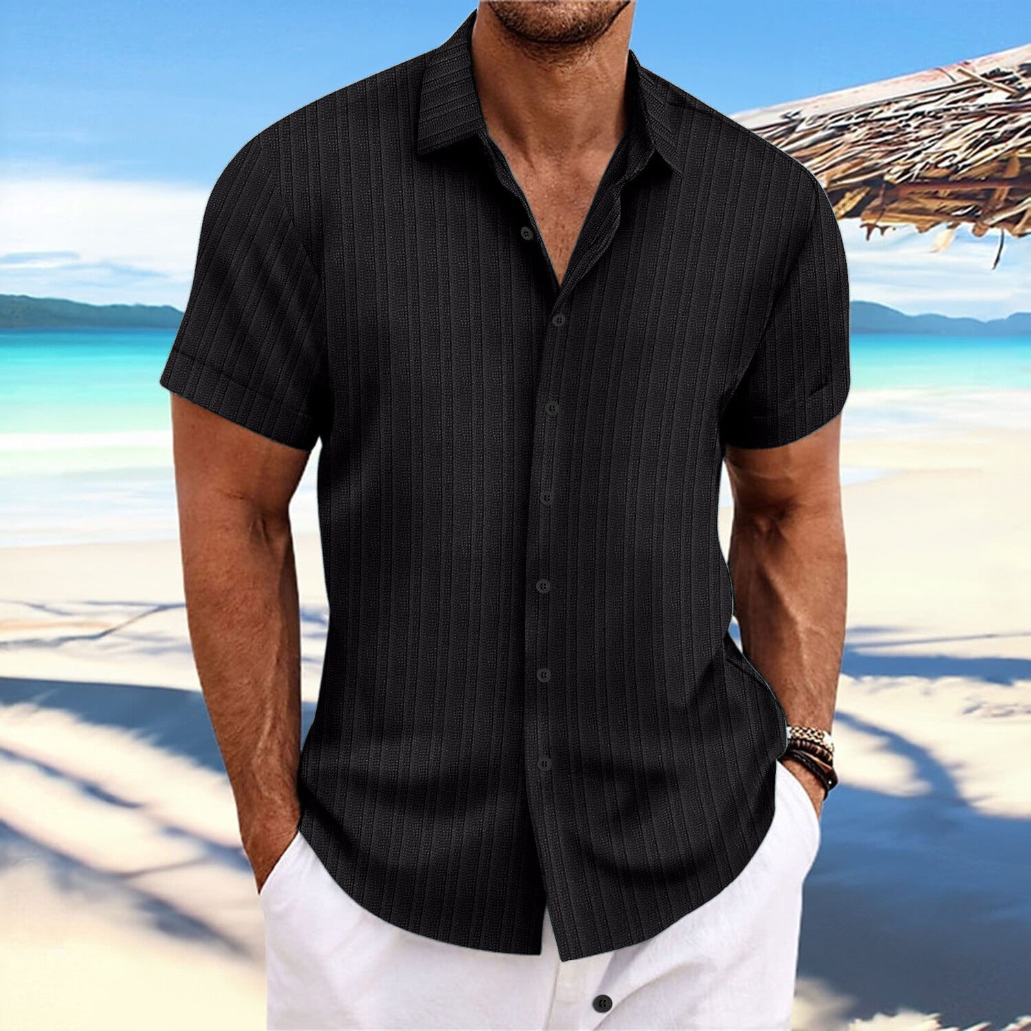 Striped-Knit Short-Sleeve Button-Down