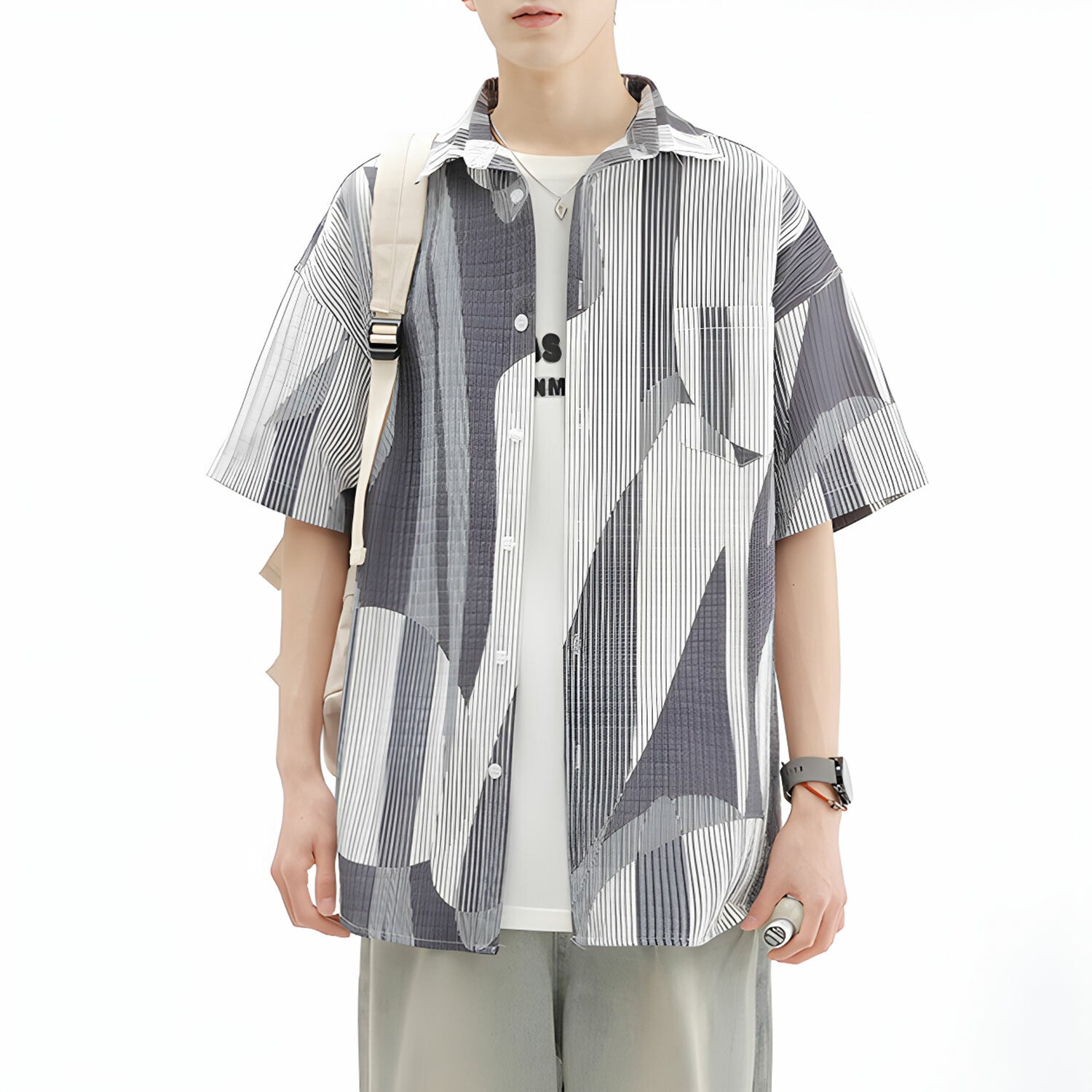 Geometric Pattern Short-Sleeve Overzised Button-Up
