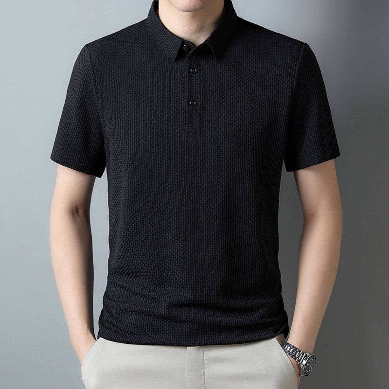 Waffled Textured Short-Sleeve Polo