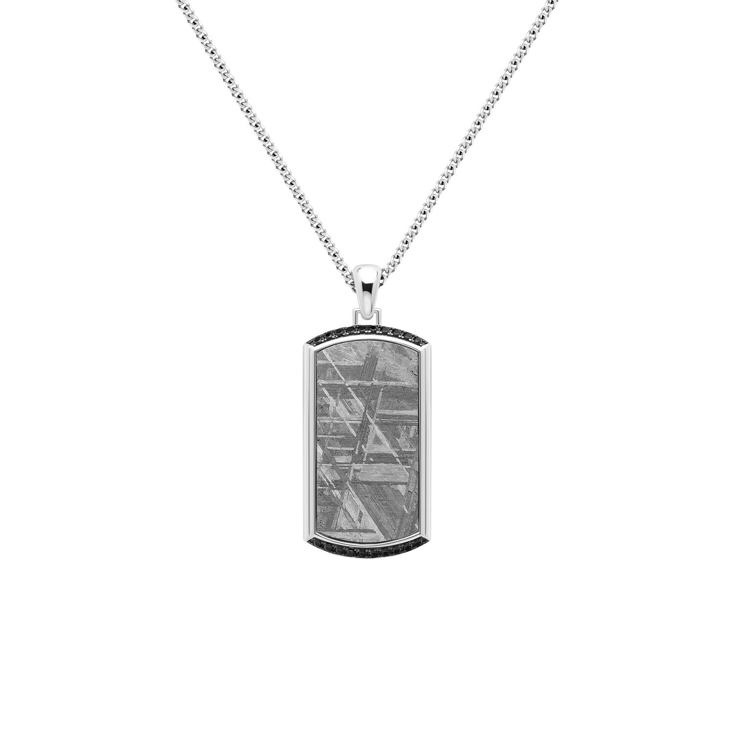 Duxot Vezeto Sterling Silver + Black Spinel + Cloudy Meteorite Dog Tag Necklace // 25.6"