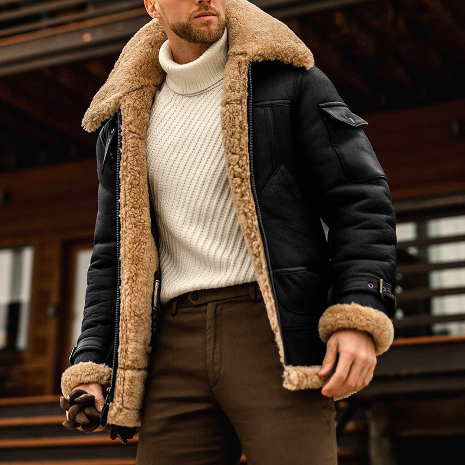 Utility Faux Plushed Leather Jacket