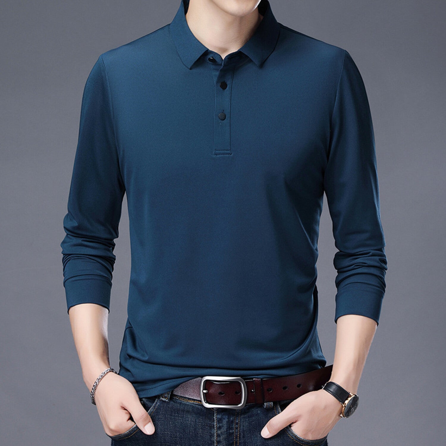 Long-Sleeve Silk Polo