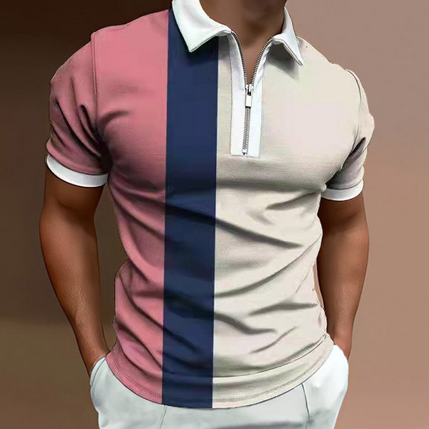 Quarter-Zip Color-blocked Stripes Short-Sleeve Polo