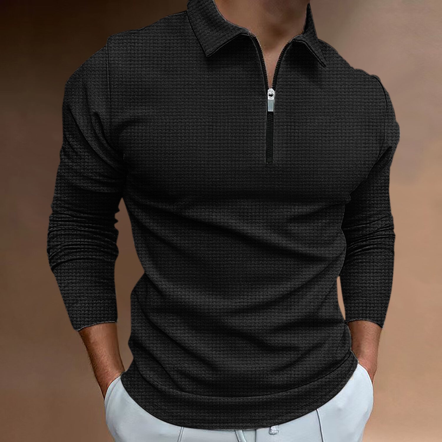 Long-Sleeve Waffled Quarter-Zip Polo