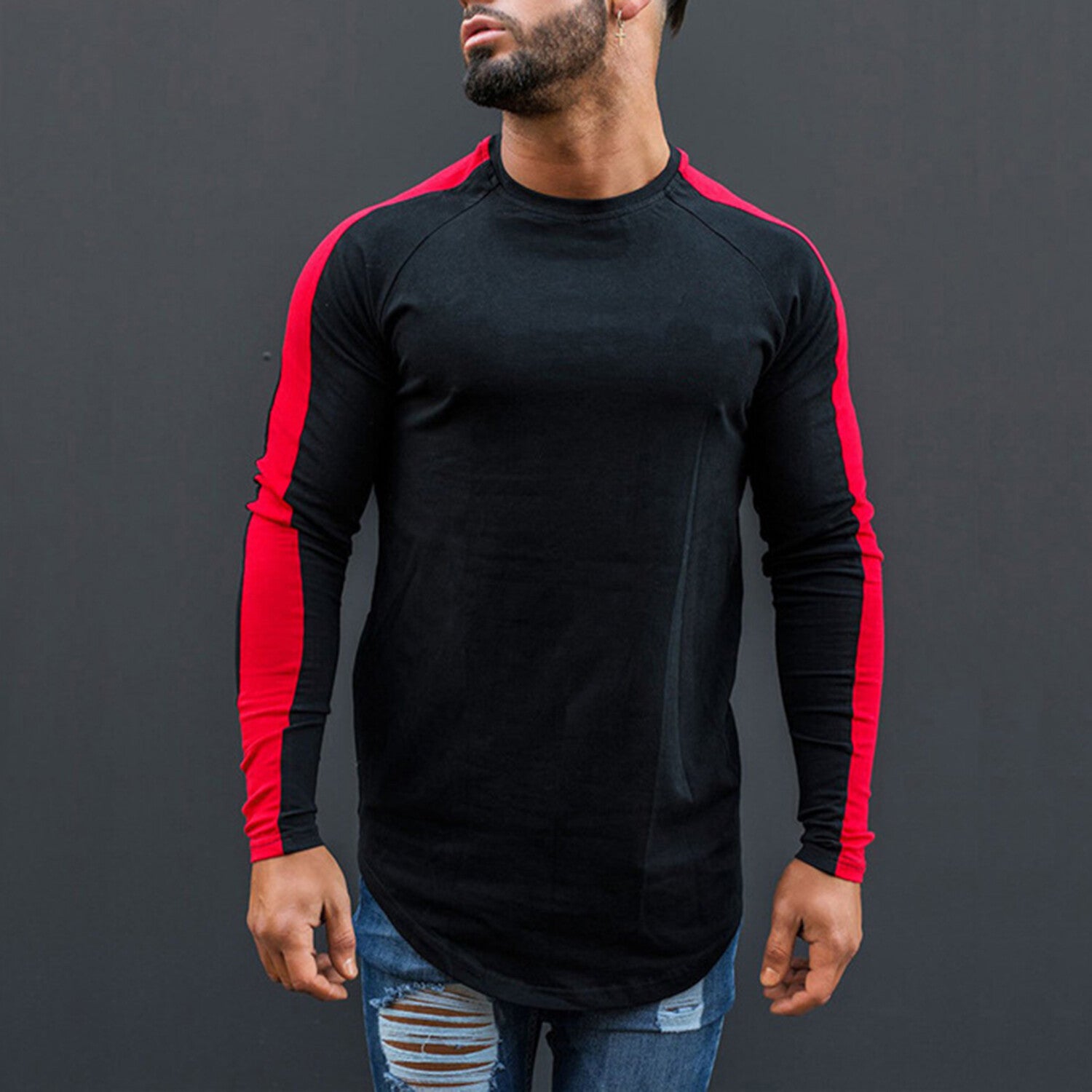 Crewneck Long-Sleeve Form Fitting Striped T-Shirt
