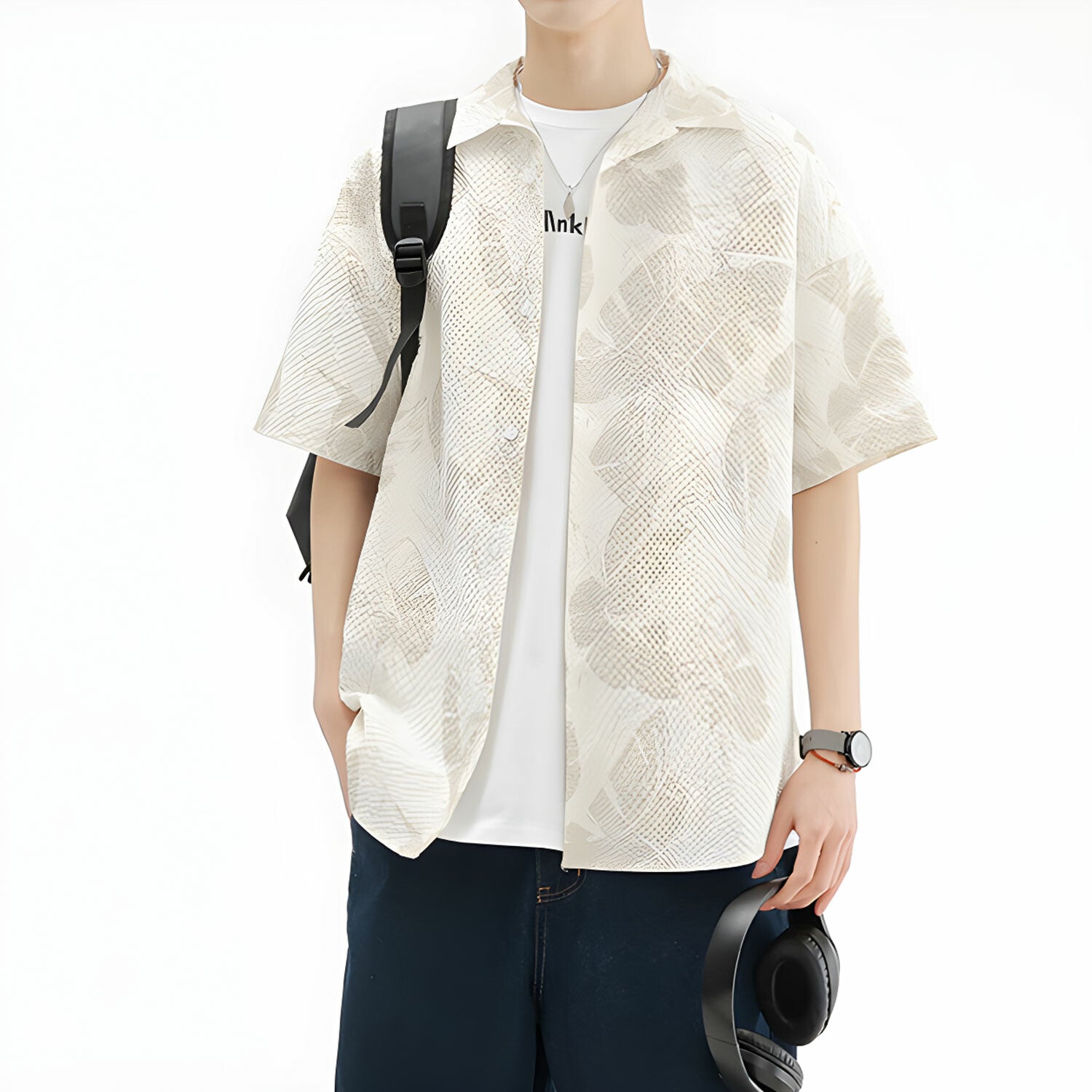 Leaf Pattern Short-Sleeve Oversized Button-Up
