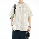 Leaf Pattern Short-Sleeve Oversized Button-Up
