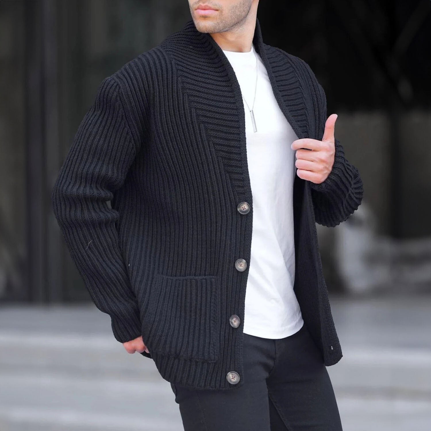 Shawl Collar Striped Knit Cardigan