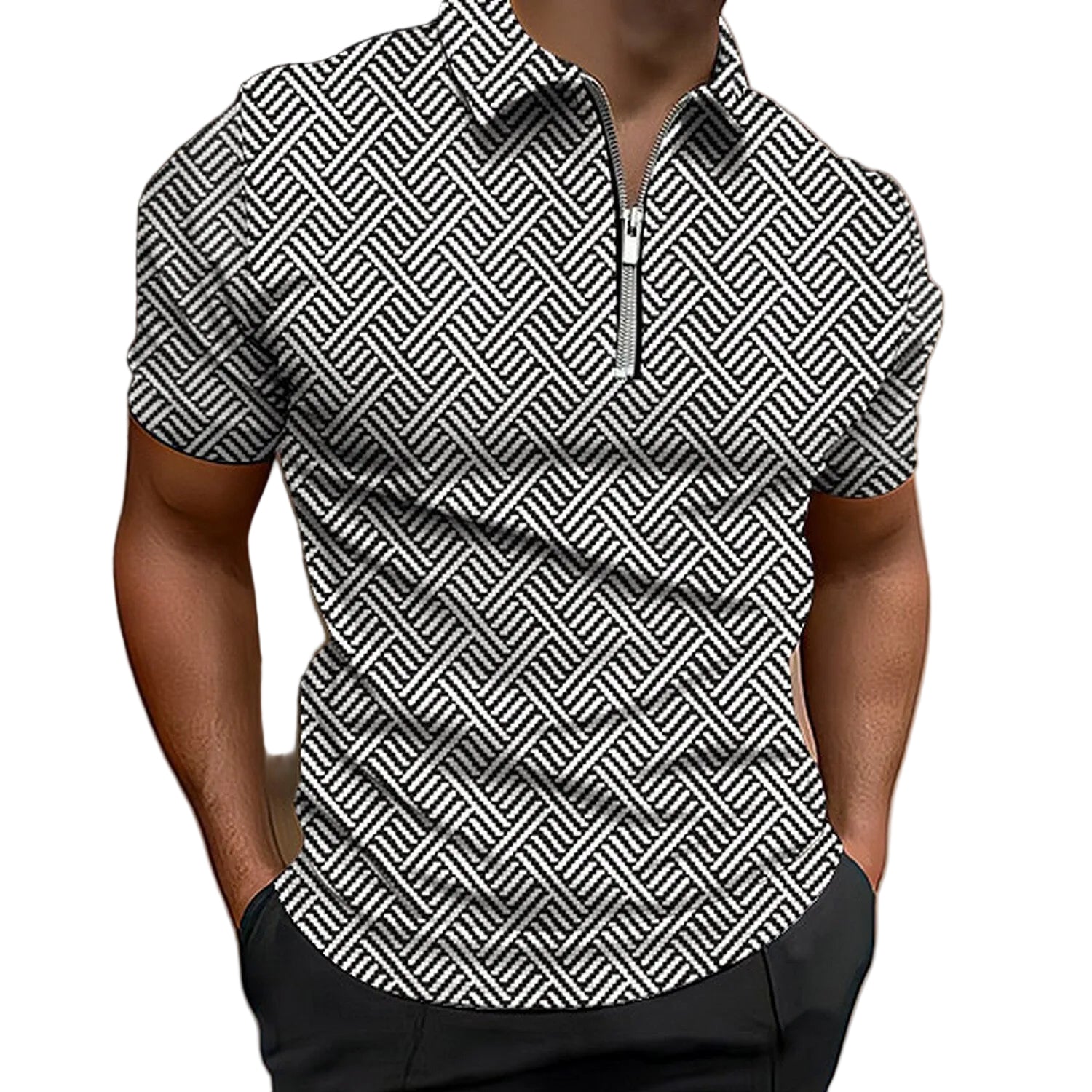 Patterned Short-Sleeve Quarter-Zip Polo