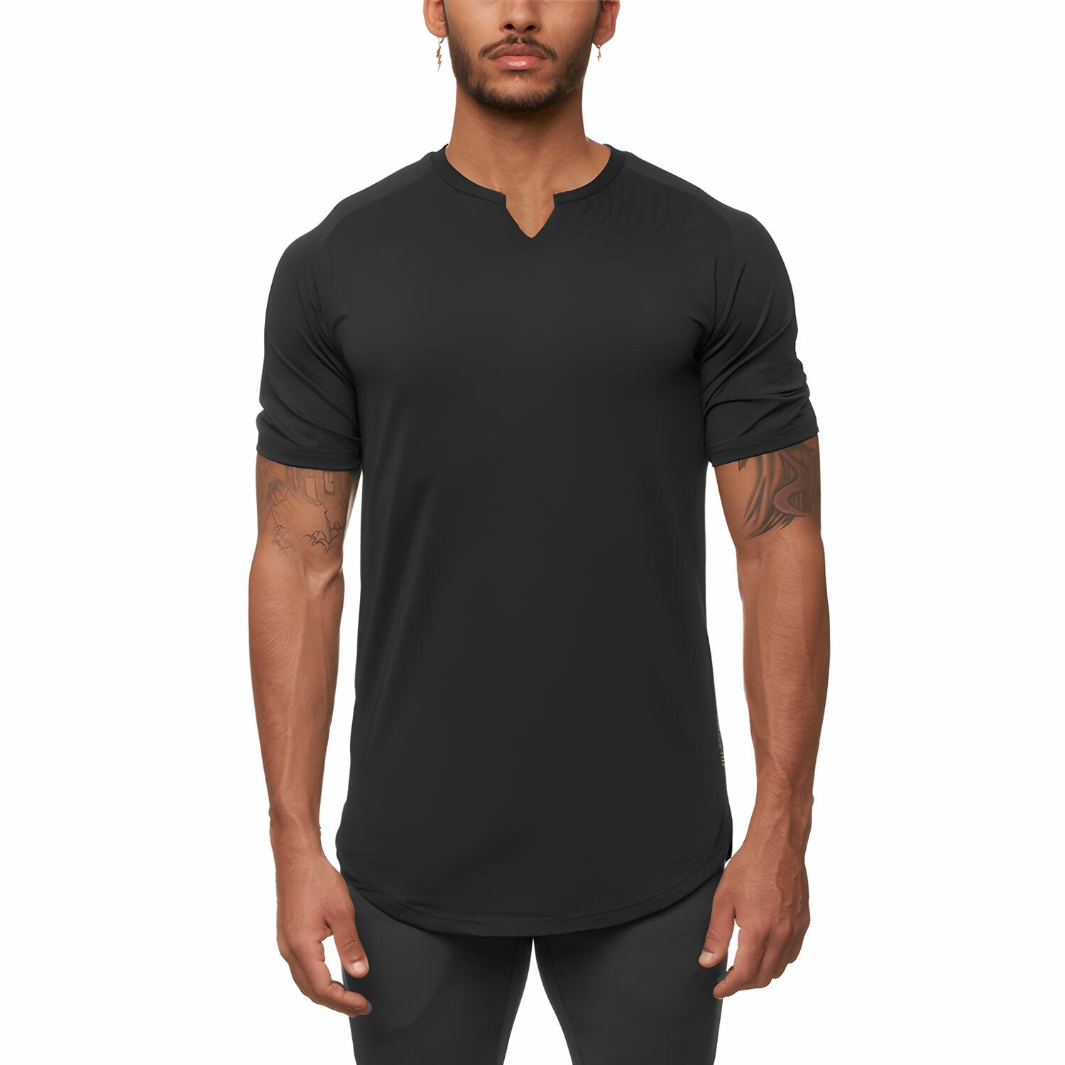 Split Neck Short-Sleeve Curved Hem T-Shirt
