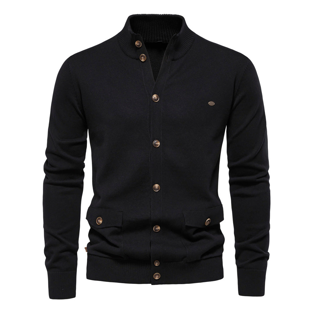 Mock Neck Pocket Details Full Button-Up Cardigan