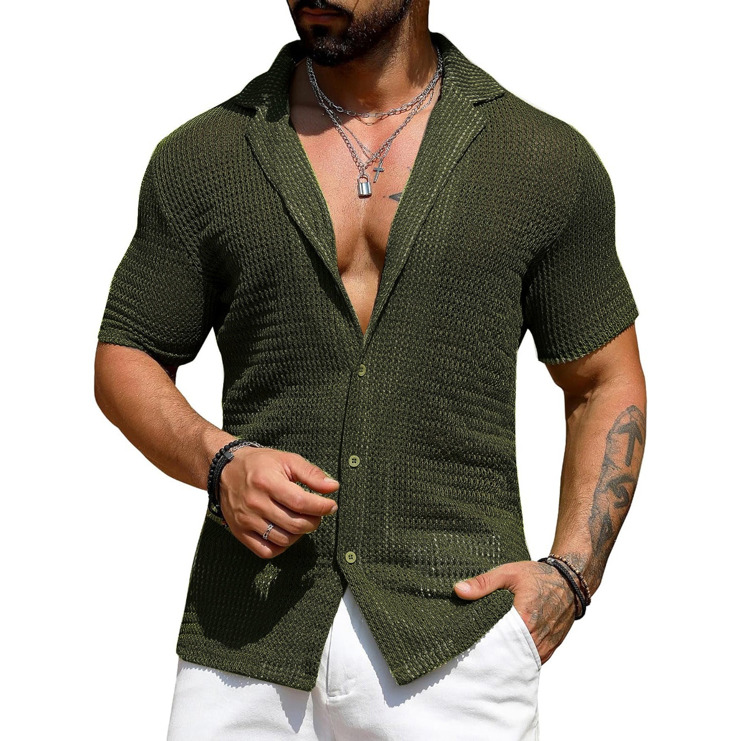 Sheer Knit Button-Up Shirt