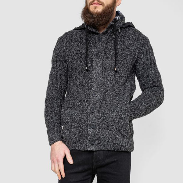 Button-Up Hooded Cable-Knit Sweater