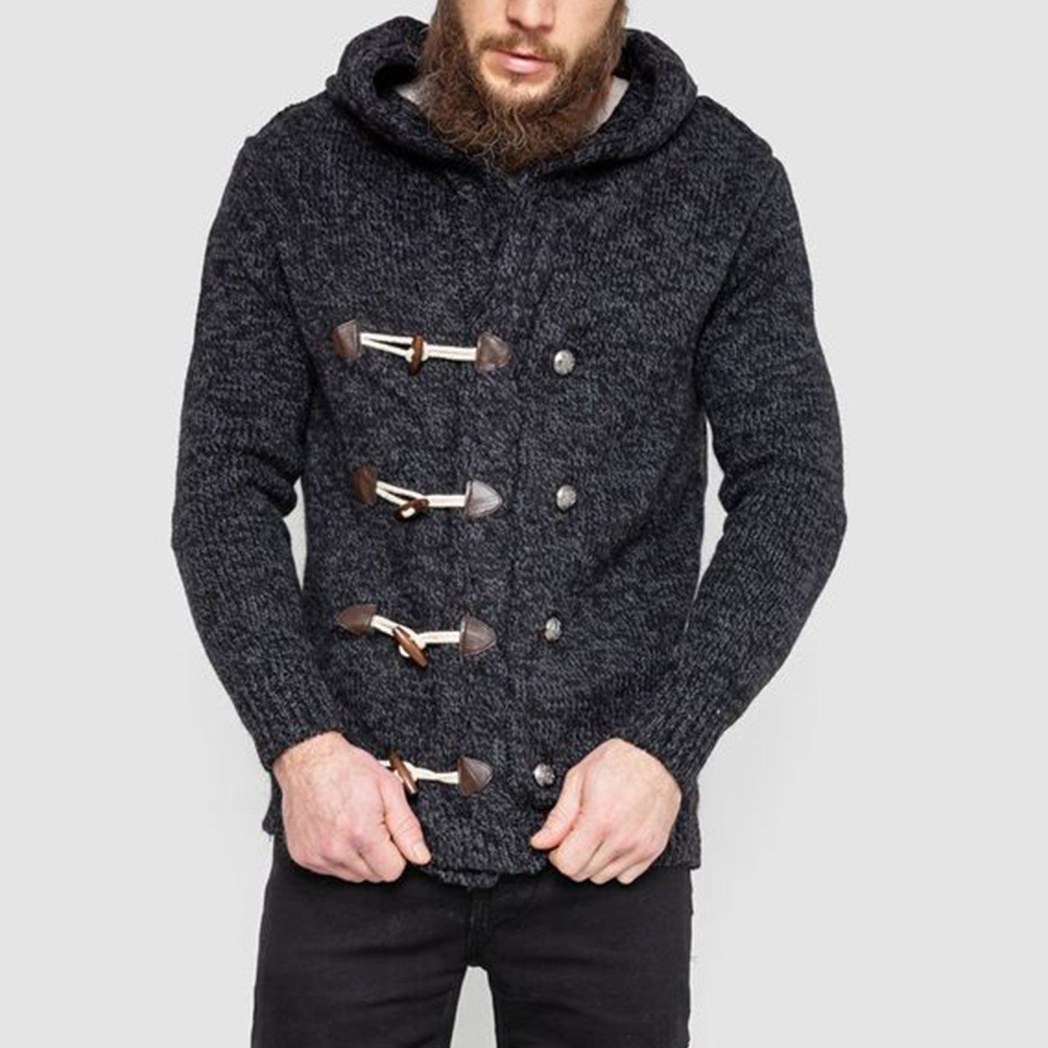 Horn Button-Up Hooded Cable-Knit Sweater