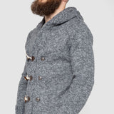 Horn Button-Up Hooded Cable-Knit Sweater