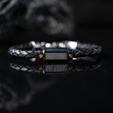 Duxot Vezeto Stainless Steel + Leather + Black Meteorite Bracelet // 8.7"