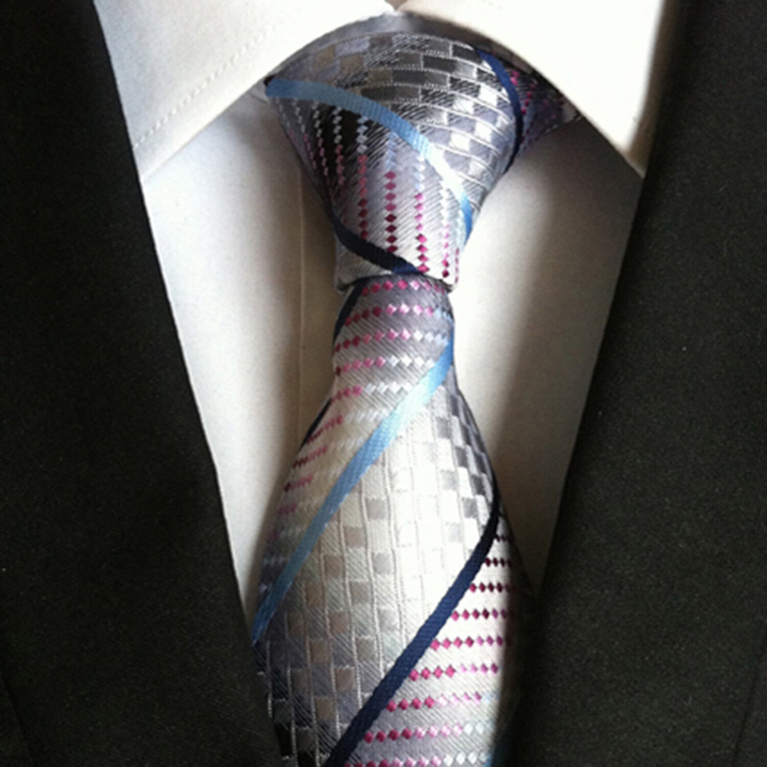 Formal Men's Necktie // Silver, Blue & Pink Textured Diagonal Stripe