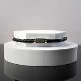 Duxot Vezeto Stainless Steel + Leather + Black Meteorite Bracelet // 8.7"