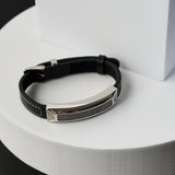Duxot Vezeto Stainless Steel + Leather + Jet Black Meteorite Bracelet // 9.25"