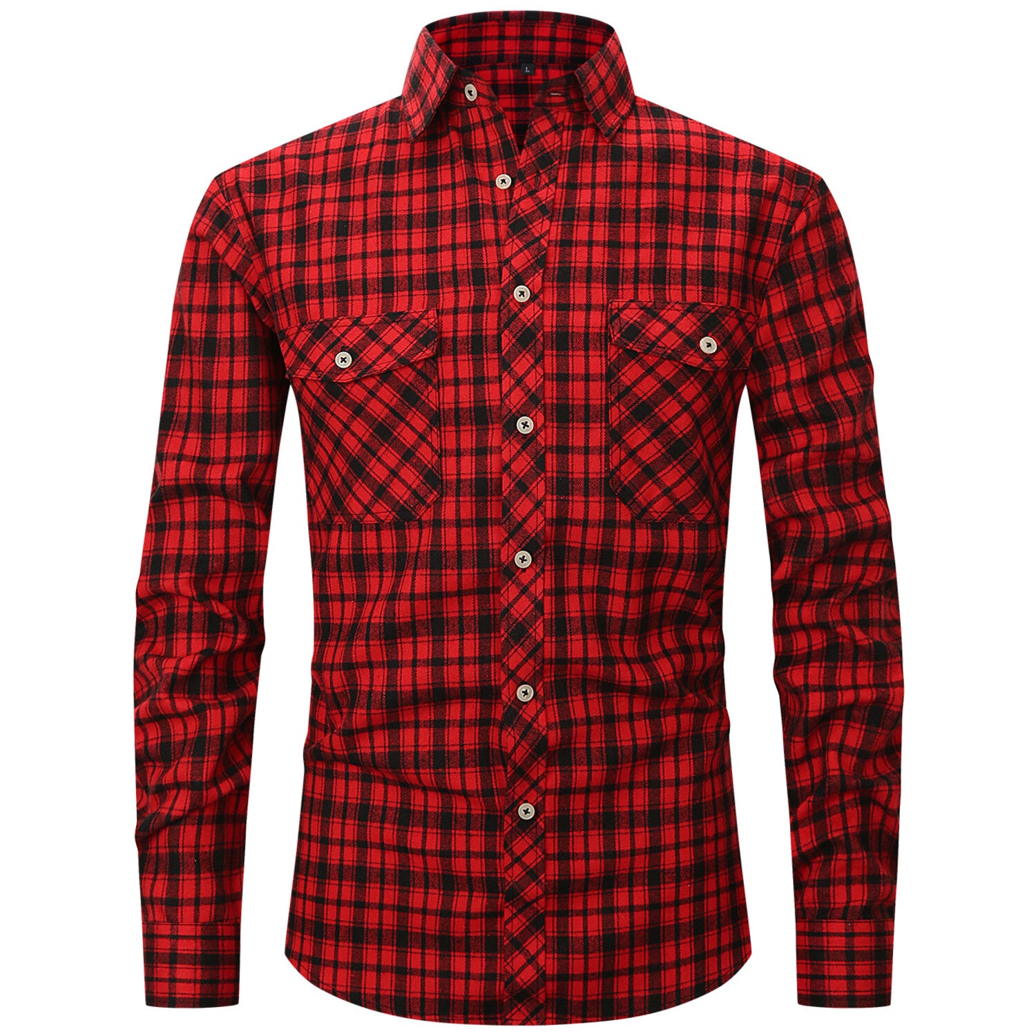 Glen Check Print w/ 2-Front Pockets Long-Sleeve Button-Up