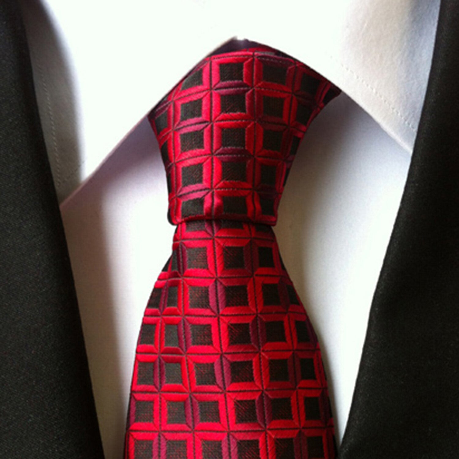 Formal Men's Necktie // Red & Black Geometric Square