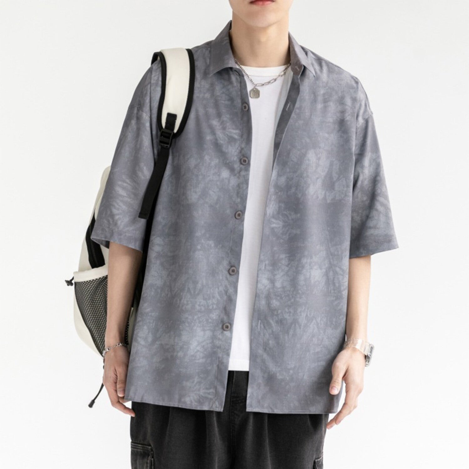 Tie-Dye Pattern Short-Sleeve Oversized Button-Up