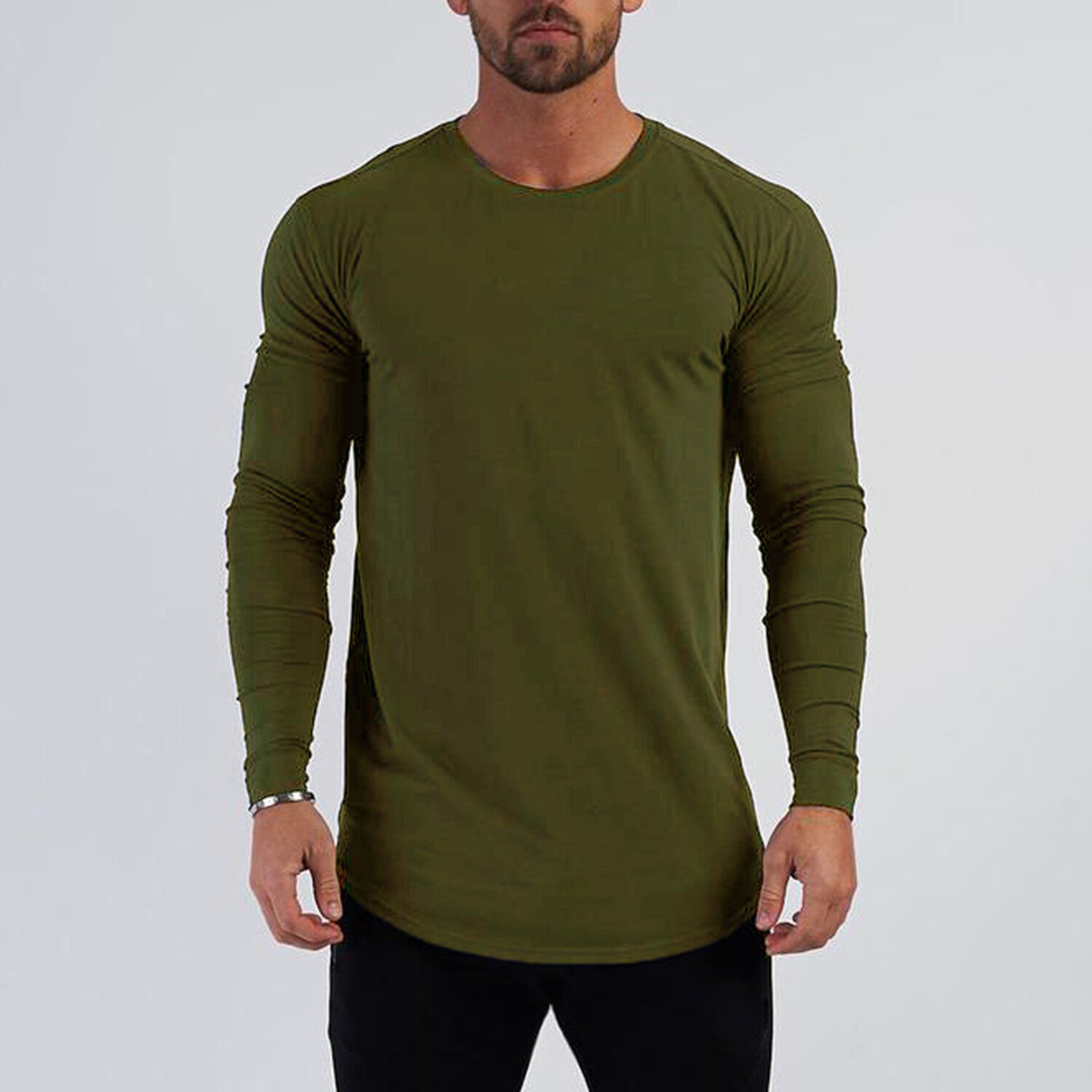 Crewneck Long-Sleeve Curved Hem T-Shirt