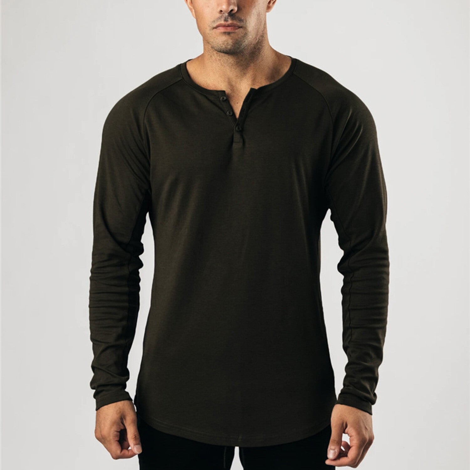 Long-Sleeve Curved Hem Henley