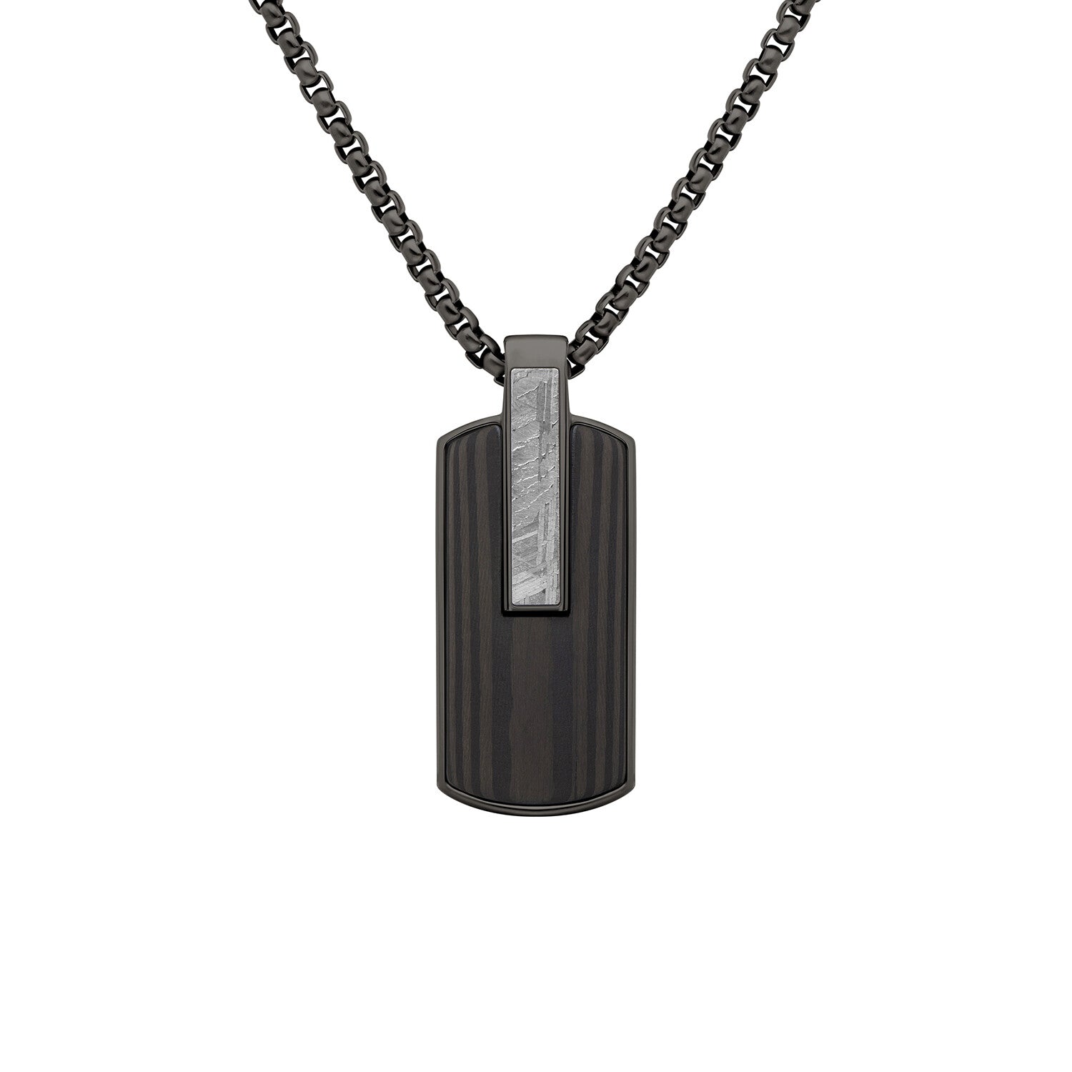 Duxot Atlantica IP Black-Plated Stainless Steel + Ebony Wood + Meteorite Dog Tag Necklace // 25.6"