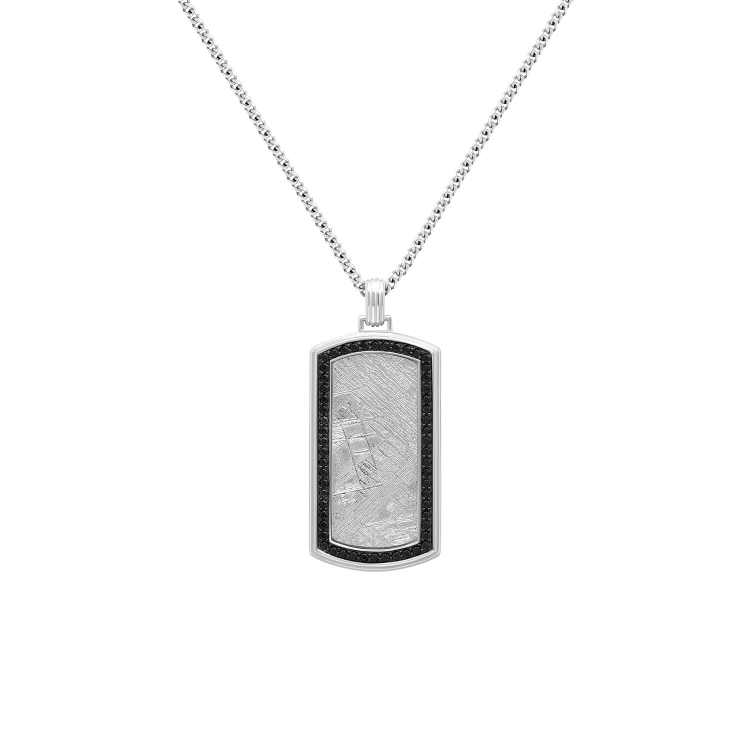Duxot Vezeto Sterling Silver + Black Spinel + Silver Meteorite Dog Tag Necklace // 25.6"