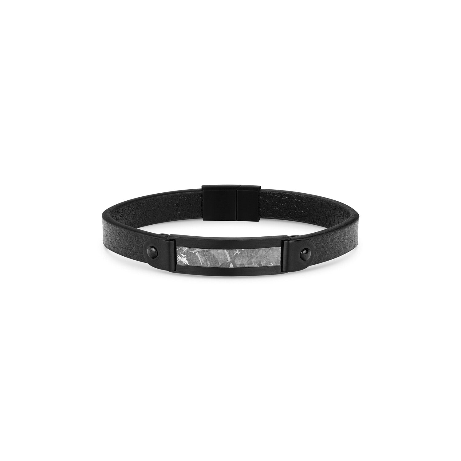 Duxot Vezeto IP Black-Plated Stainless Steel + Leather + Raven Black Meteorite Bracelet // 8.3"