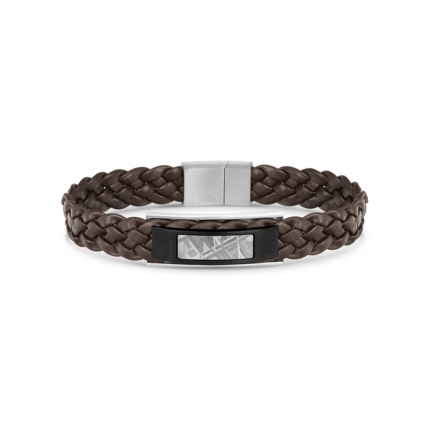 Duxot Accelero Stainless Steel + Leather + Gunmetal Meteorite Bracelet // 7.6"